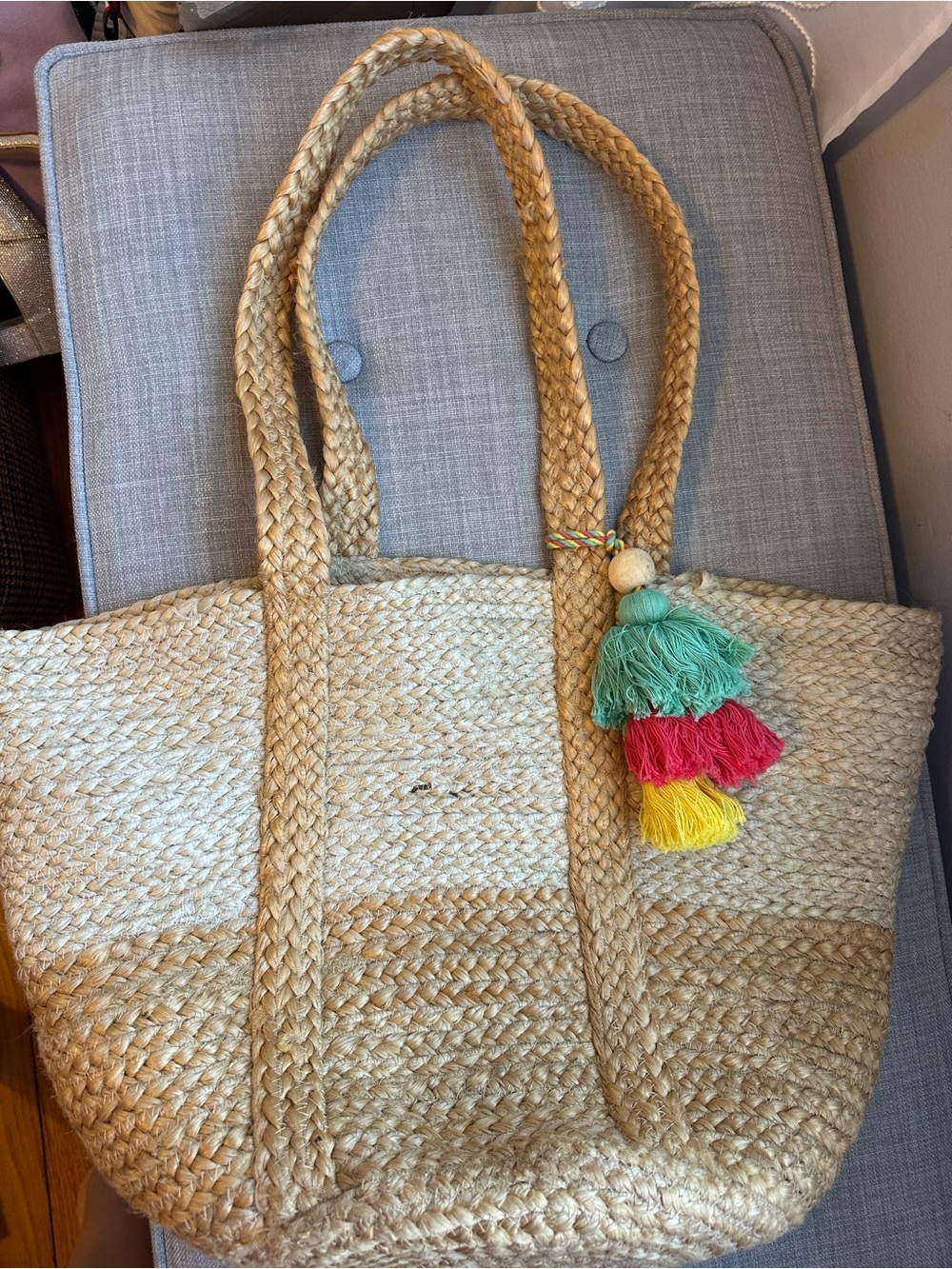 Antik Kraft Natural Straw Tote with Green, Pink & Yellow Tassels